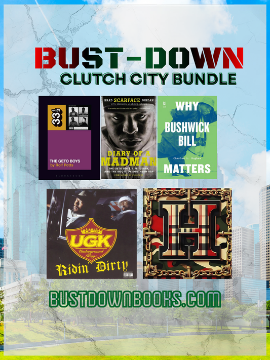 Promotional graphic for 'Bust-Down Clutch City Bundle' with book covers and cityscape background.
