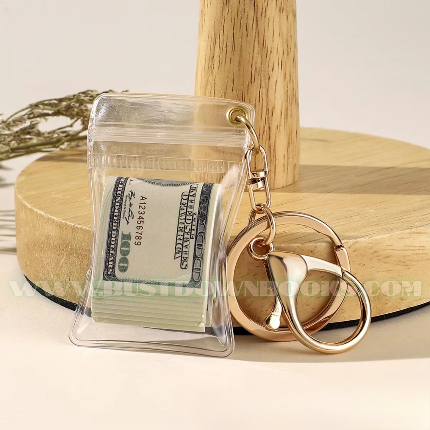 Keychain with clear pouch containing a dollar bill on a wooden surface