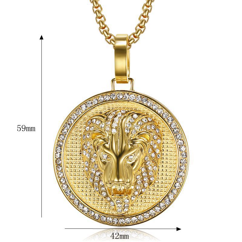 Gold lion head pendant necklace with measurements on a white background