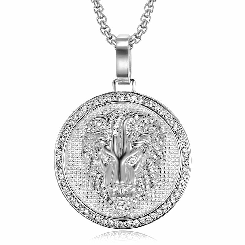 Silver pendant necklace with a detailed design on a white background