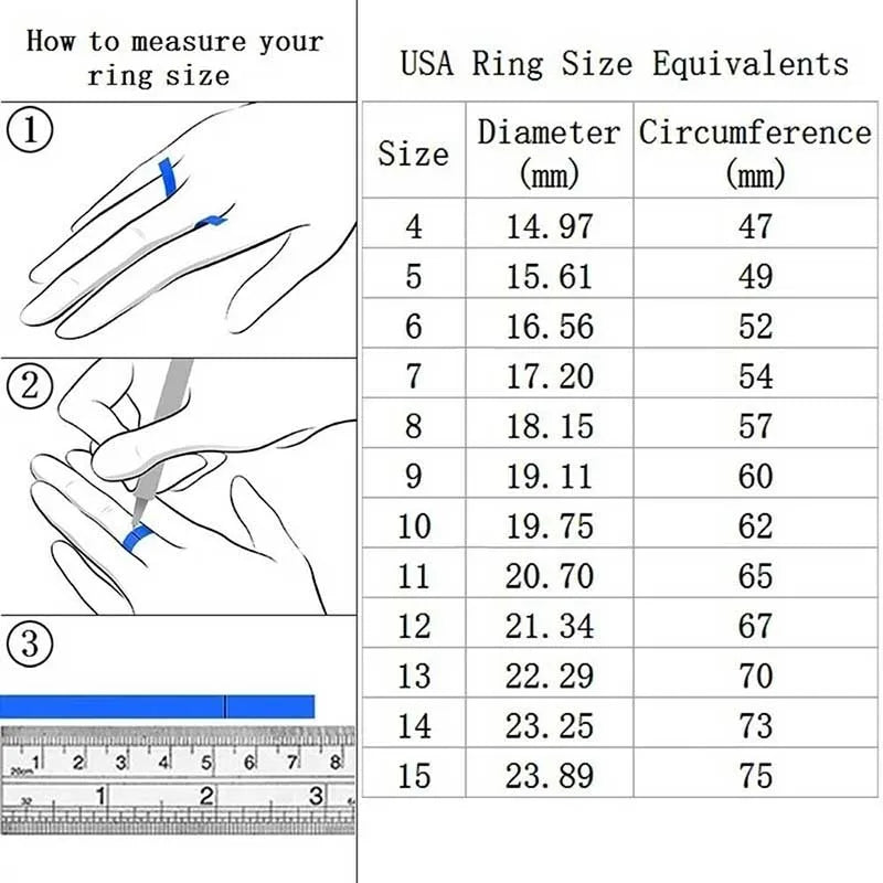 Instructions on how to measure ring size with a diagram and table showing USA ring size equivalents.