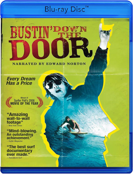 Front cover of the Blu-ray edition of "Bustin' down the Door [Blu-Ray]" featuring a man throwing the horns hand sign in the air, documentary title, accolades and awards in red and black text over a blue and yellow background.