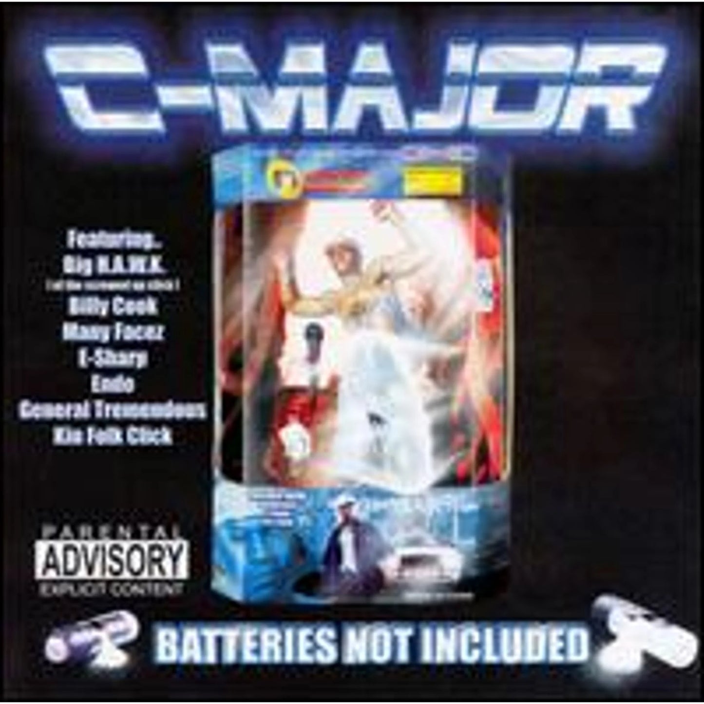 CD album cover for C-Major featuring members of The Soldiers United For Cash, with illustrations of the artists and the title 'Batteries Not Included' on the front.