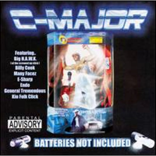 CD album cover for C-Major featuring members of The Soldiers United For Cash, with illustrations of the artists and the title 'Batteries Not Included' on the front.