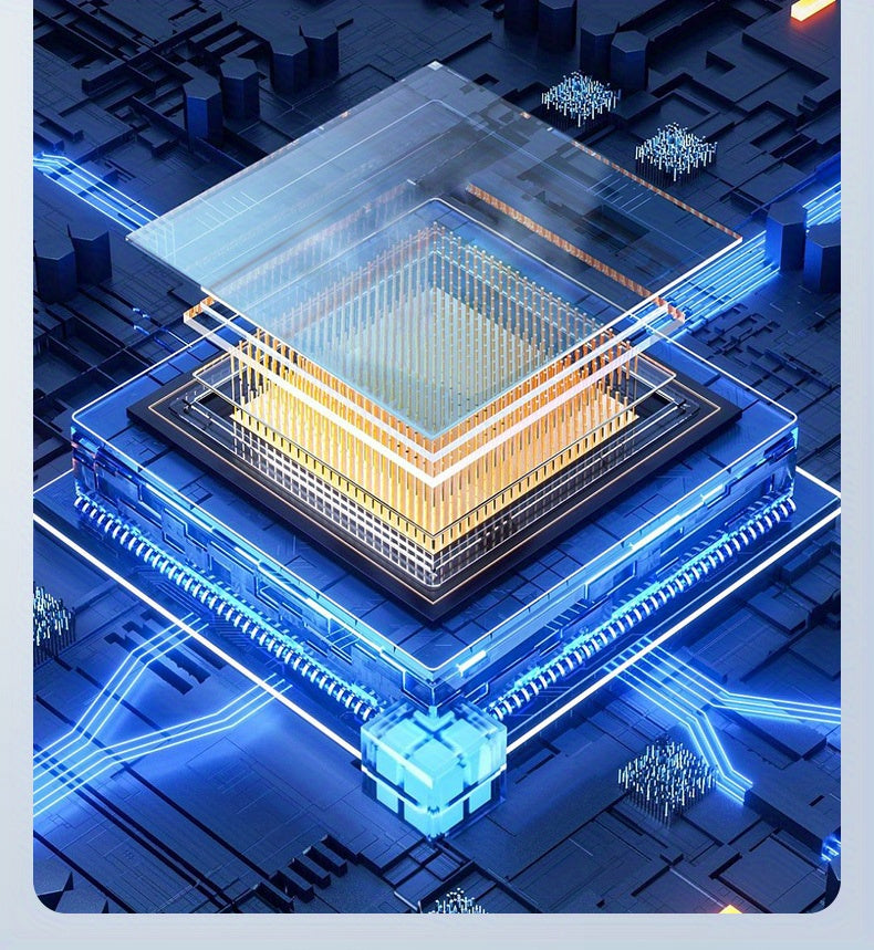 Computer chip with intricate design on a blue circuit board background