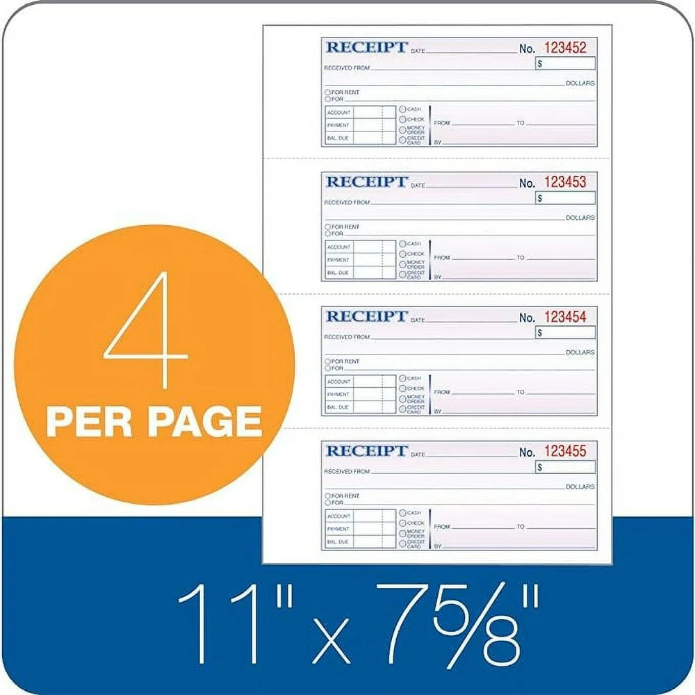 Money/Rent Receipt Book, 3-Part, Carbonless, 11 X 7-5/8 Inches, 4 Receipts/Page, 100 Sets per Book, 10 Books per Pack