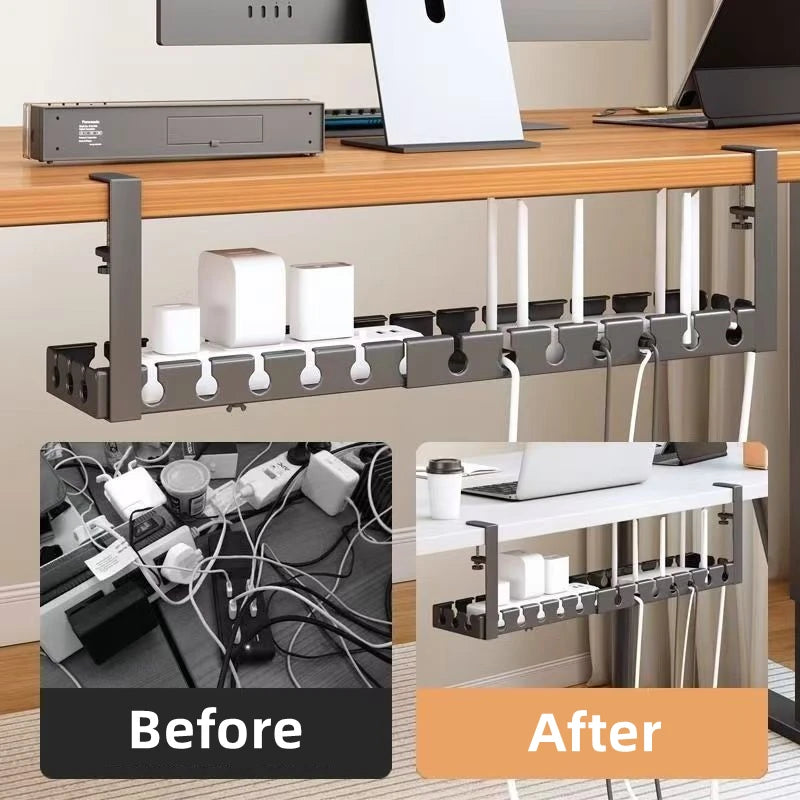 Desk with cable management system before and after setup, showing a neat workspace.