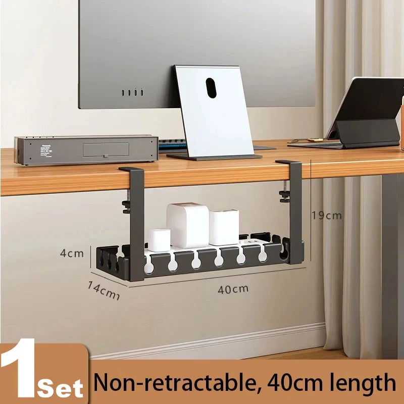 Desk organizer with dimensions on a desk setup, showing a computer monitor, laptop, and tablet.