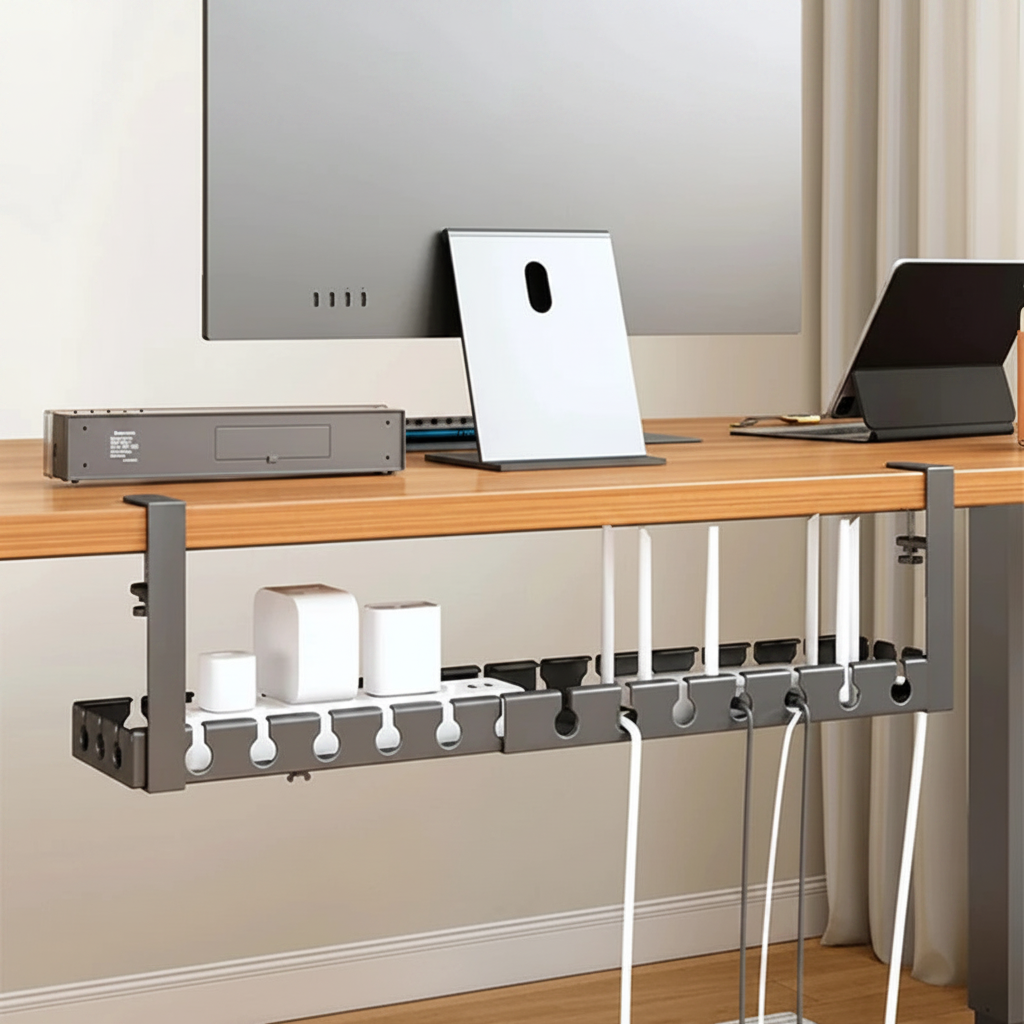 Desk with cable management system, laptop, monitor, and tablet in a home office setting.