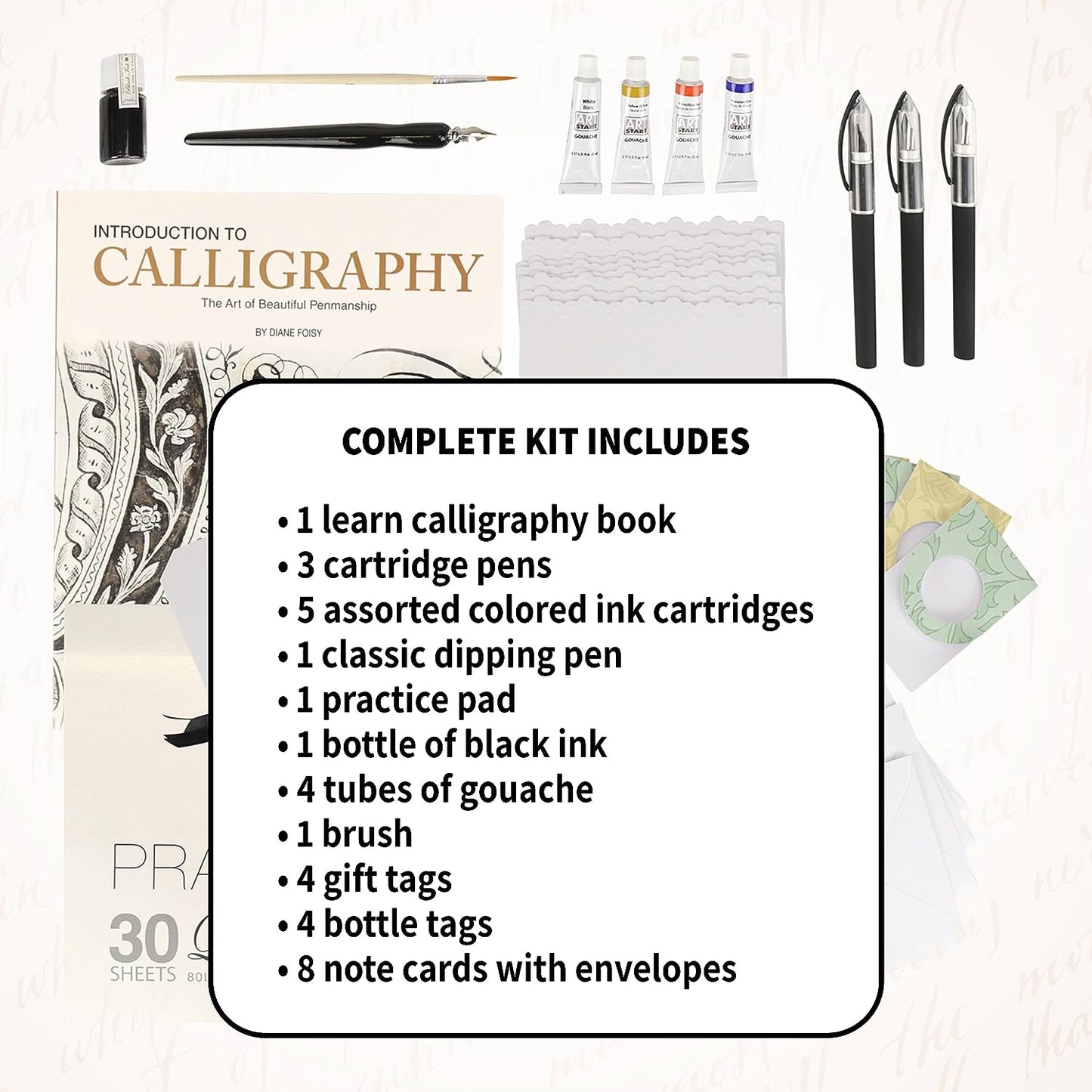A calligraphy kit box with full item list and an artistic design on the cover, containing an instruction book and various calligraphy tools.