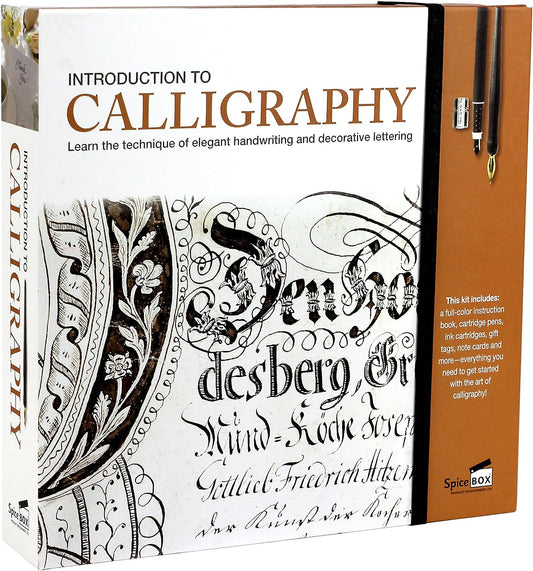 A calligraphy kit box with an artistic design on the cover, containing an instruction book and various calligraphy tools.