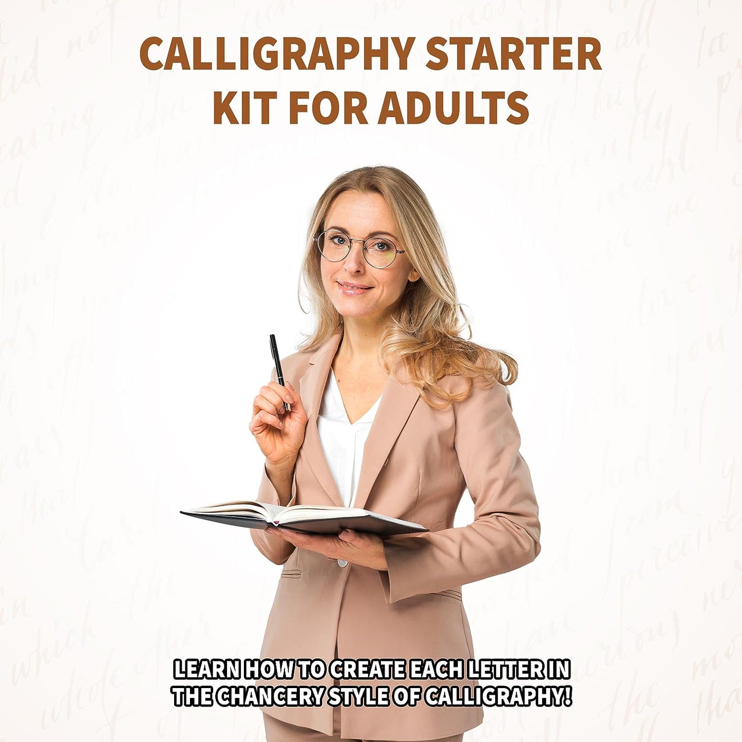 A calligraphy kit box with an artistic design on the cover, containing an instruction book and various calligraphy tools.