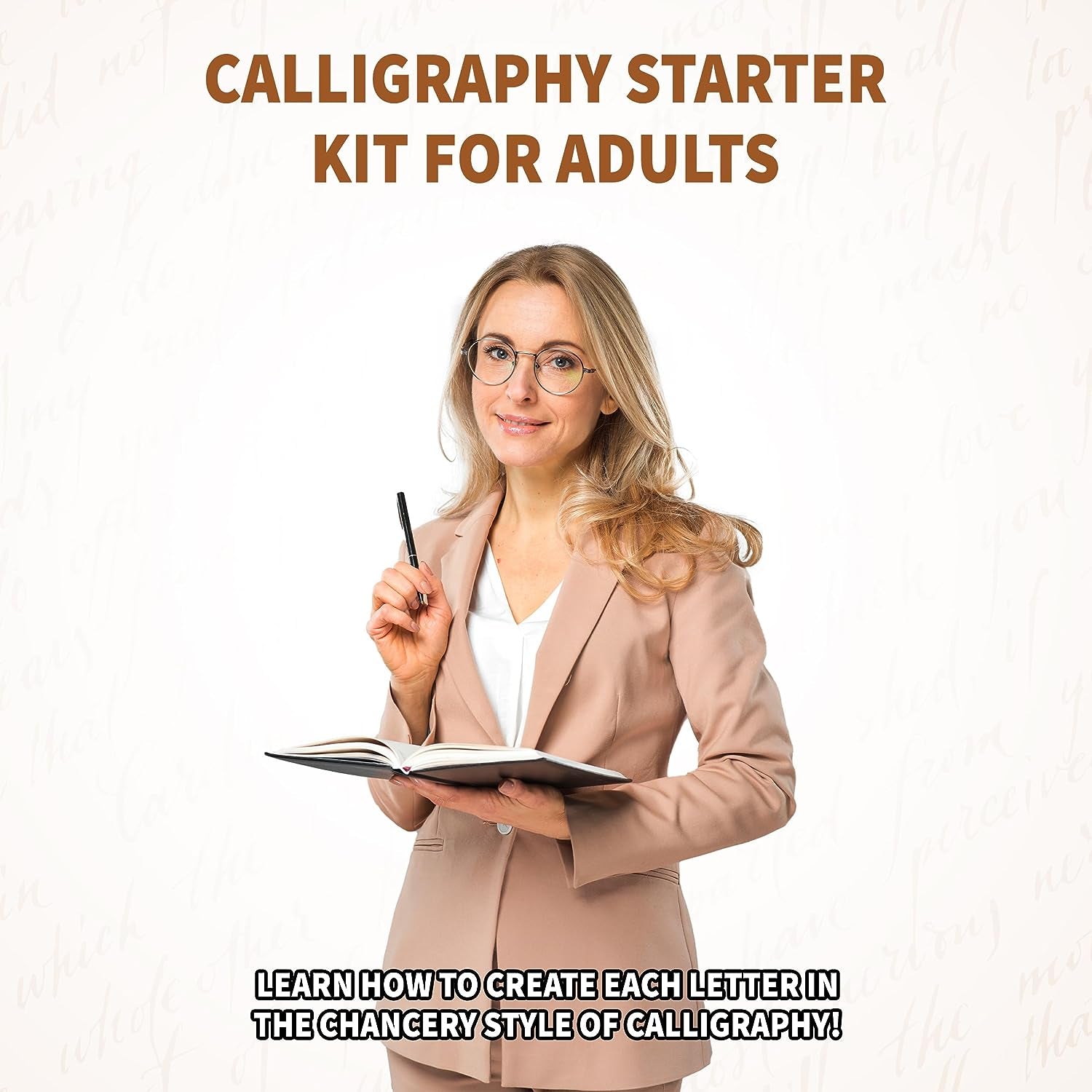A calligraphy kit box with an artistic design on the cover, containing an instruction book and various calligraphy tools.