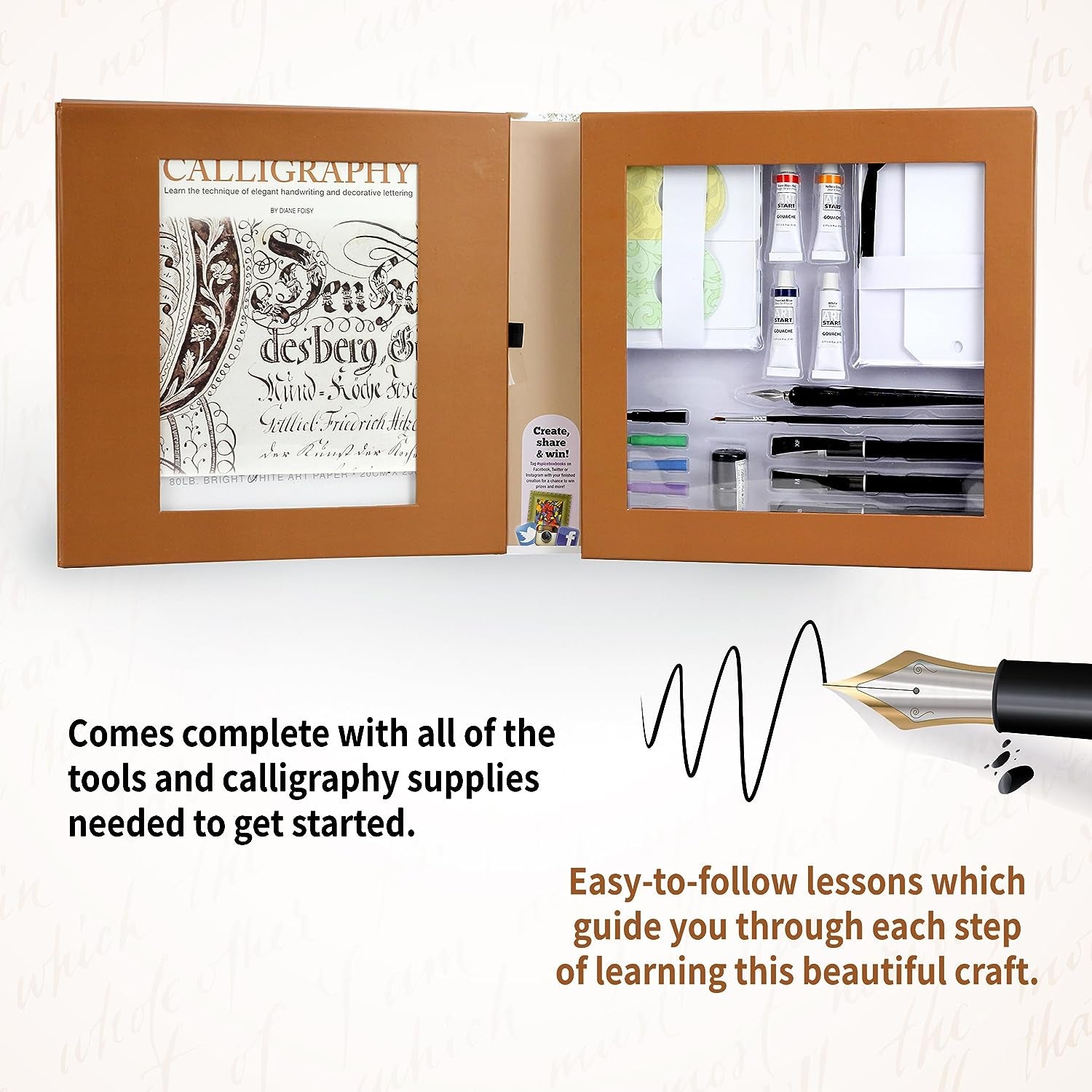 A calligraphy kit box with an artistic design on the cover, containing an instruction book and various calligraphy tools.