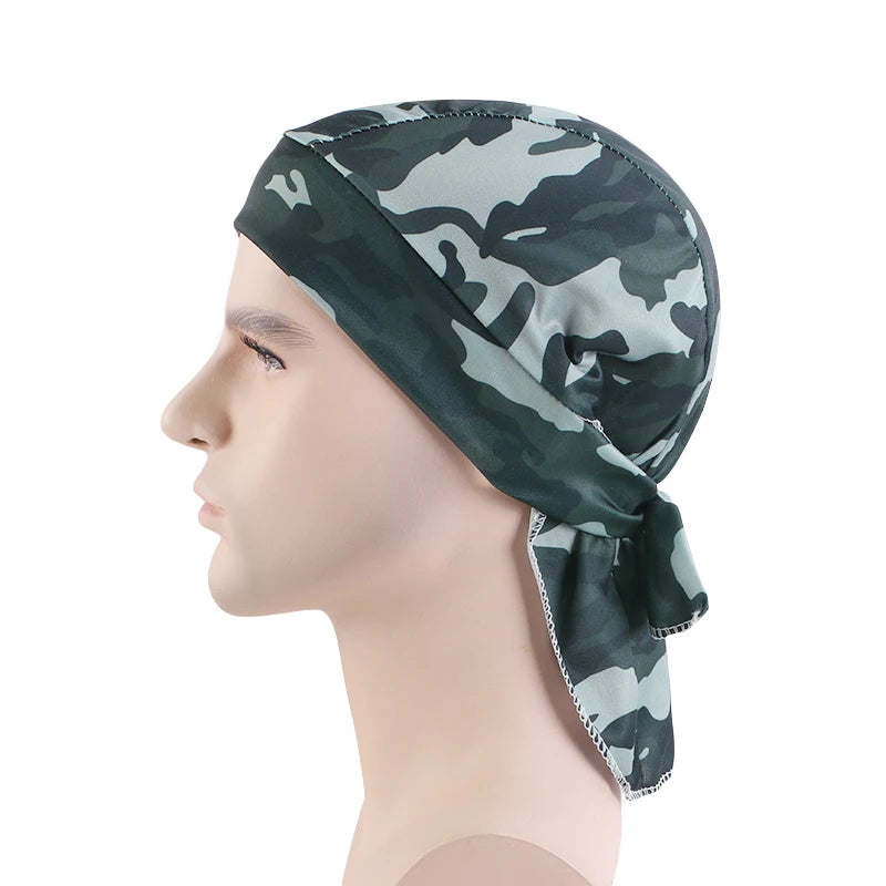 Camouflage headscarf worn by a mannequin on a white background