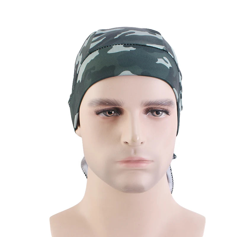 Camouflage head wrap on a mannequin head against a white background
