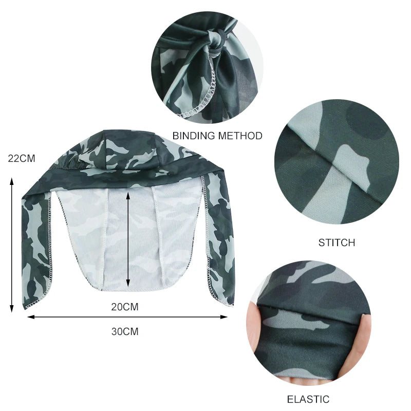Camouflage-patterned headscarf with binding method, stitch, and elastic details on a white background.