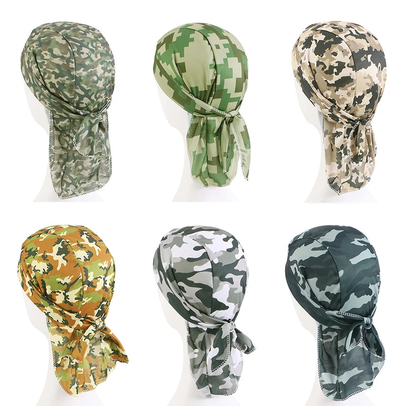 Set of six camouflage-patterned headscarves on a white background
