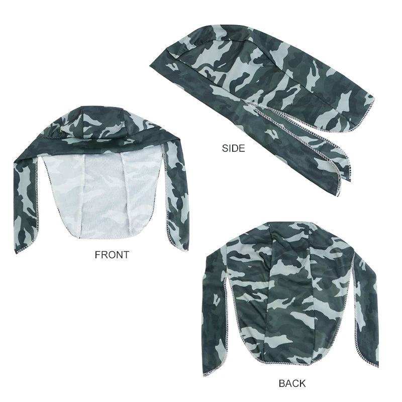 Camouflage headscarf shown from front, side, and back views on a white background.