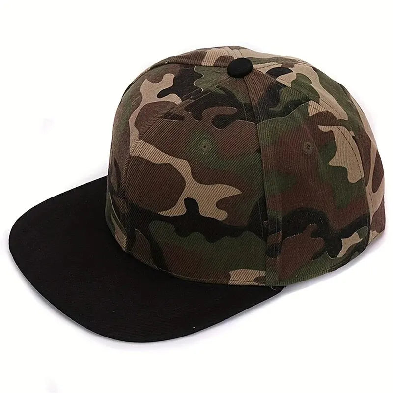 Camo snapback hats with all-camouflage and black brim style options
