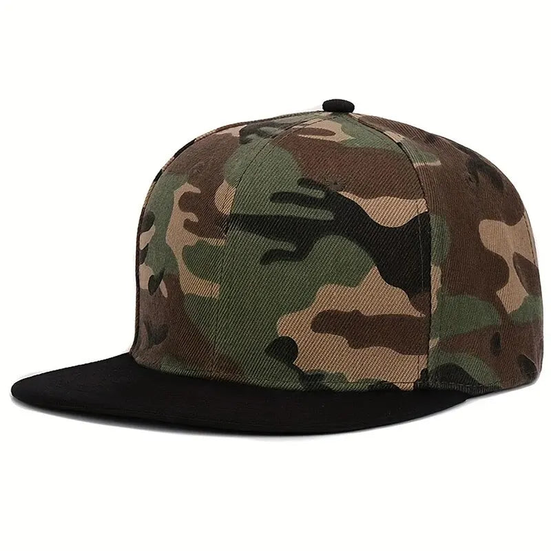 Camo snapback hats with all-camouflage and black brim style options