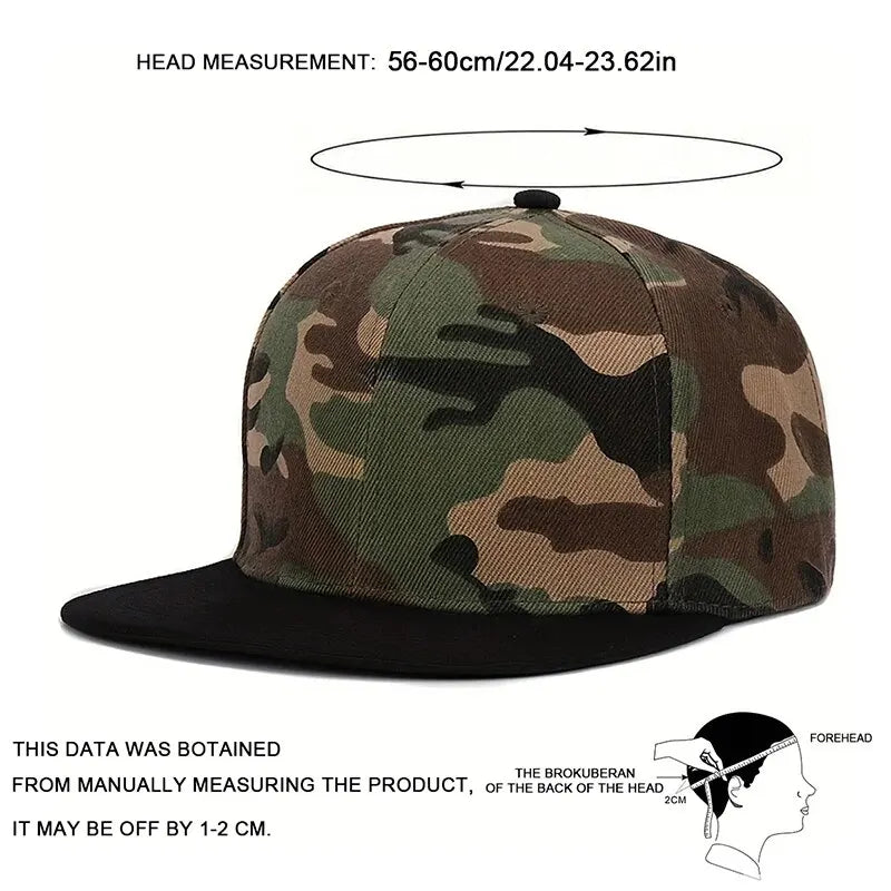 Camo snapback hats with all-camouflage and black brim style options