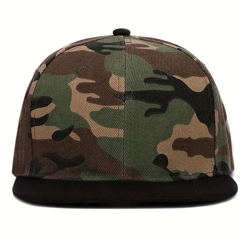 Camo snapback hats with all-camouflage and black brim style options