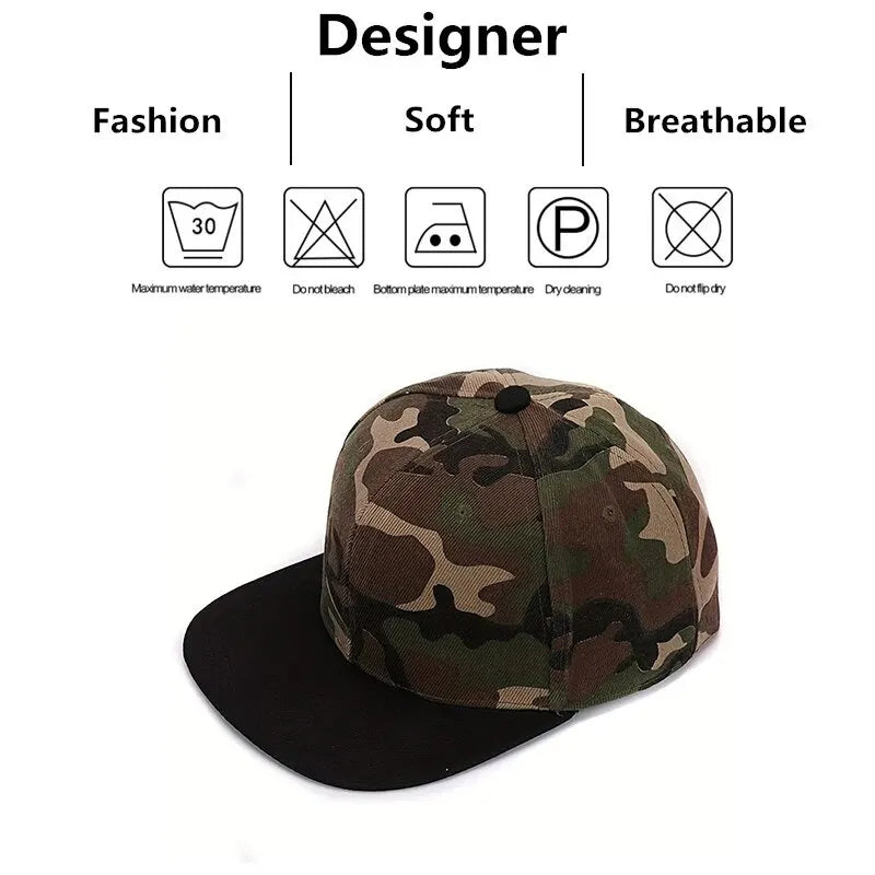 Camo snapback hats with all-camouflage and black brim style options