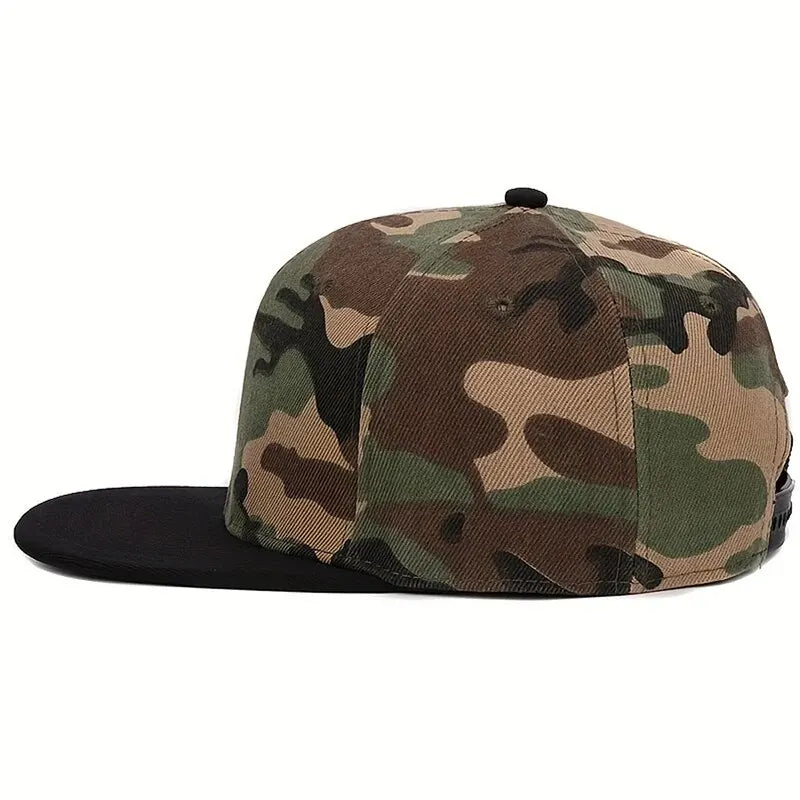 Camo snapback hats with all-camouflage and black brim style options