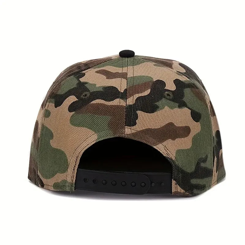 Camo snapback hats with all-camouflage and black brim style options