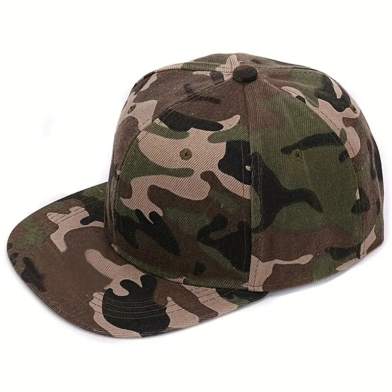 Camo snapback hats with all-camouflage and black brim style options