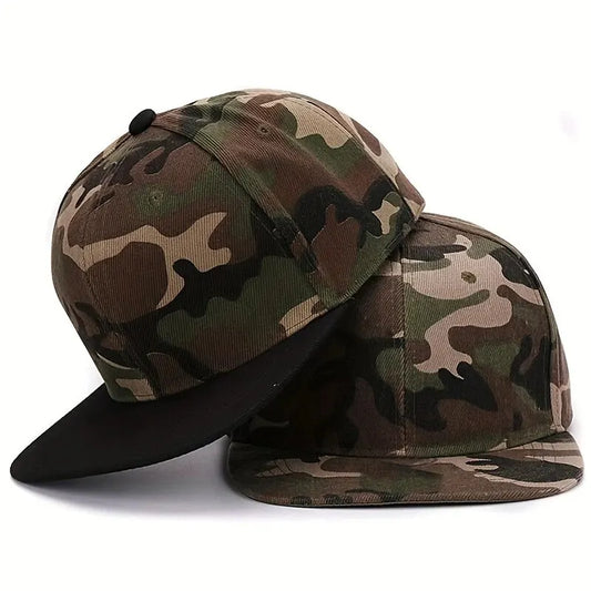 Two camouflage baseball caps on a white background