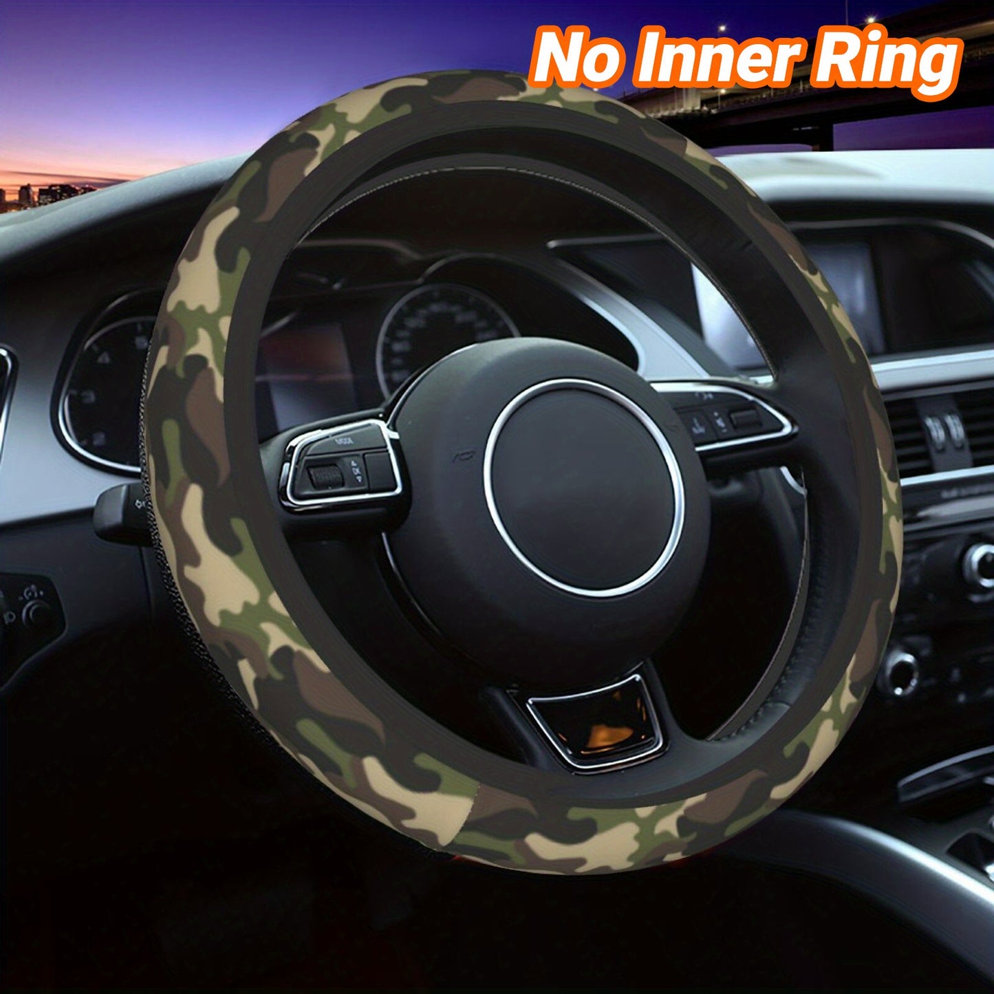 Camouflage steering wheel cover on a car steering wheel with 'No Inner Ring' text.
