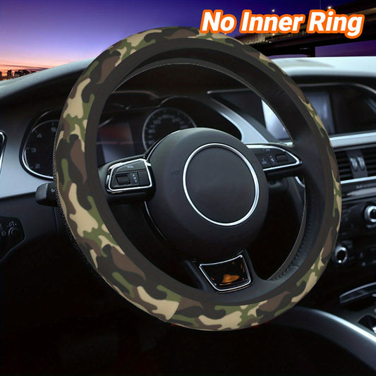 Camouflage steering wheel cover on a car steering wheel with 'No Inner Ring' text.