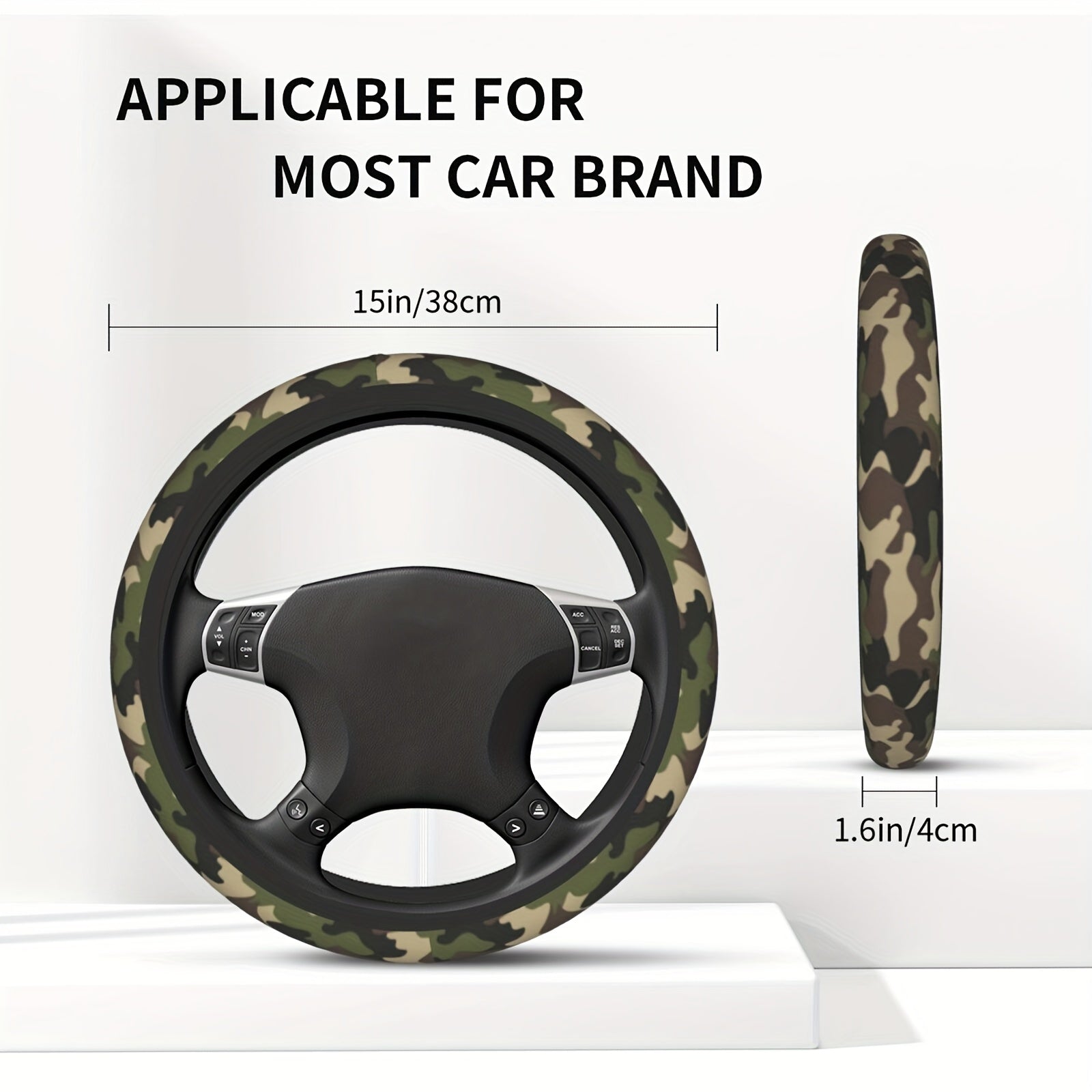 Camouflage steering wheel cover with dimensions and measurements on a white background