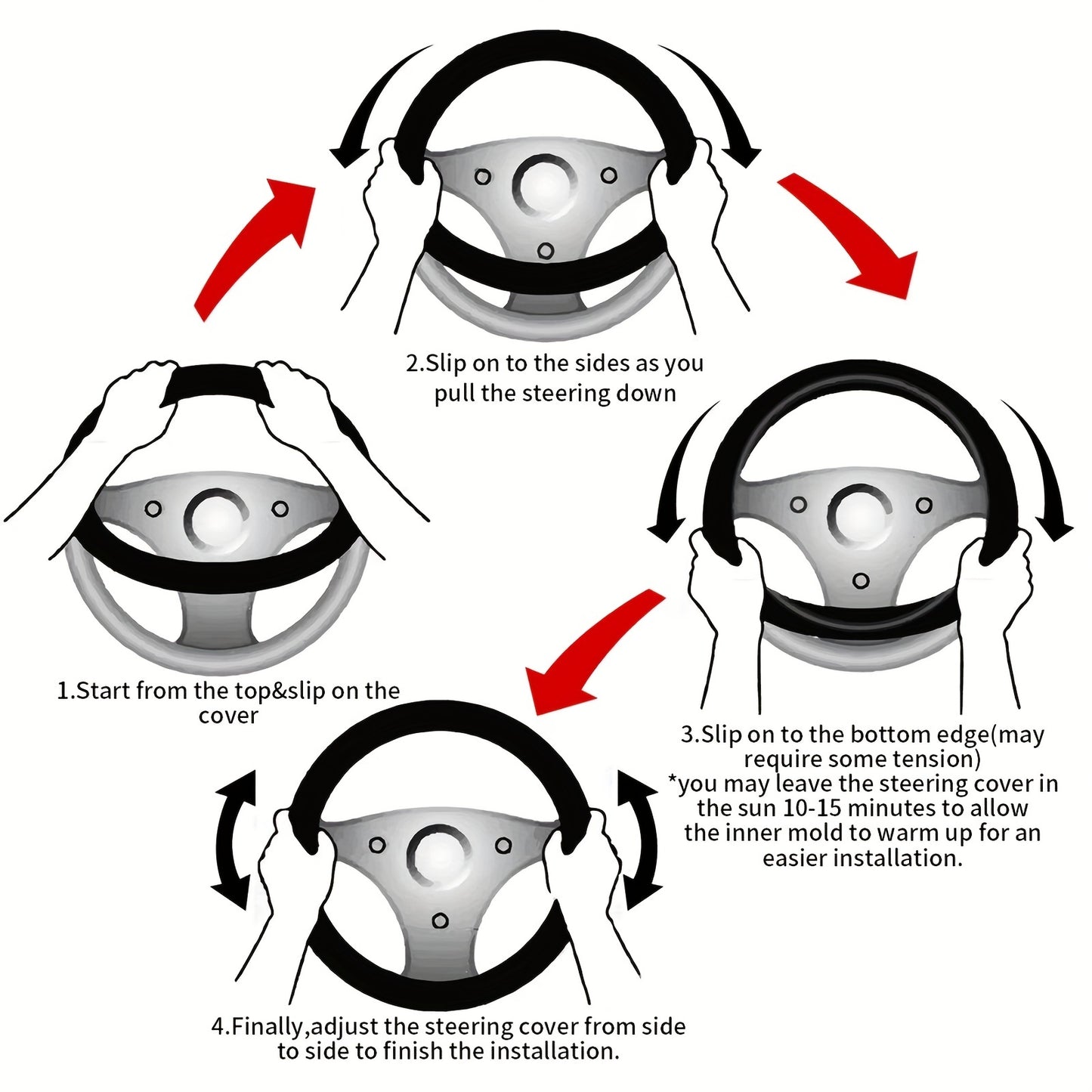 Step-by-step guide on how to install a steering wheel cover with illustrations and text instructions.