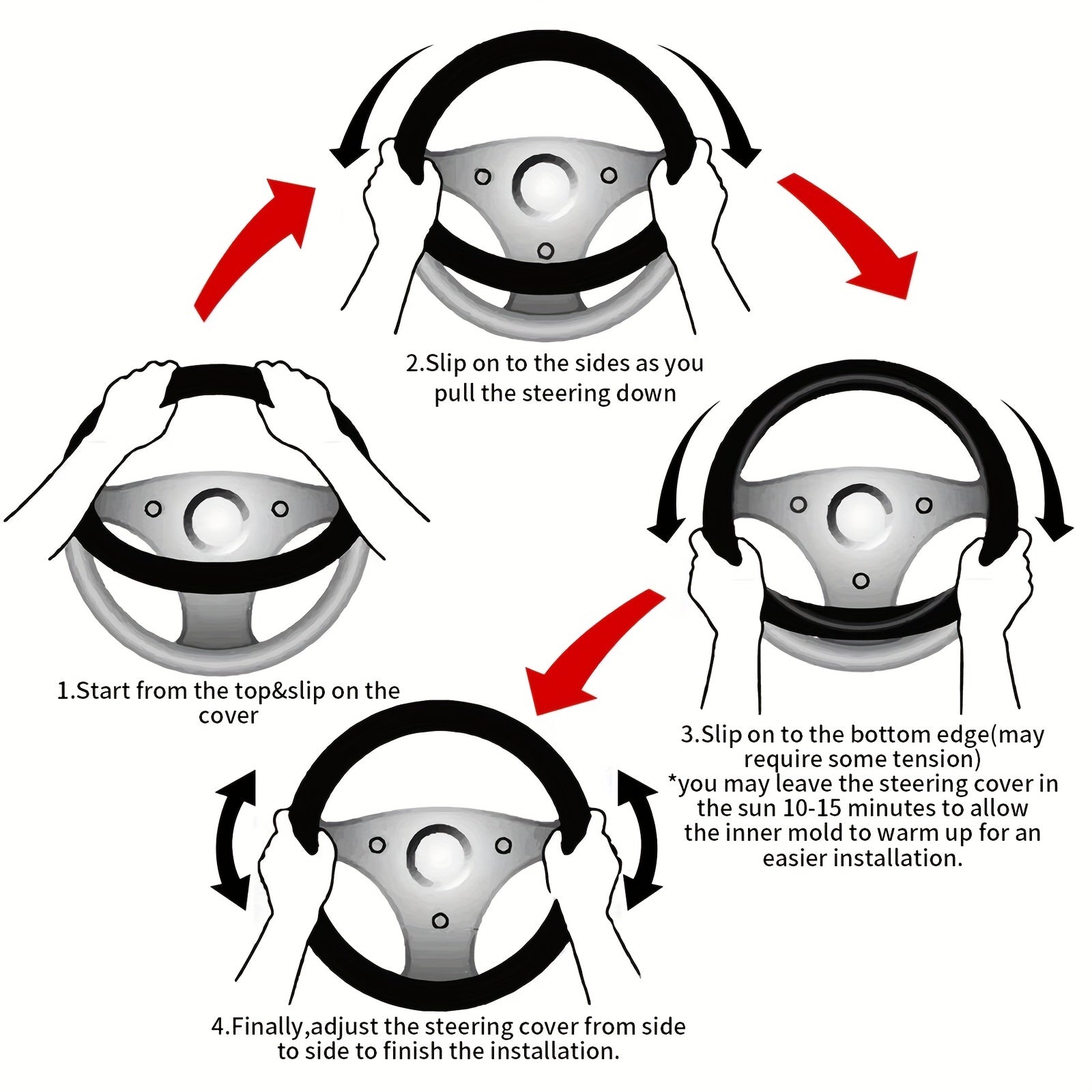 Step-by-step guide on how to install a steering wheel cover with illustrations and text instructions.