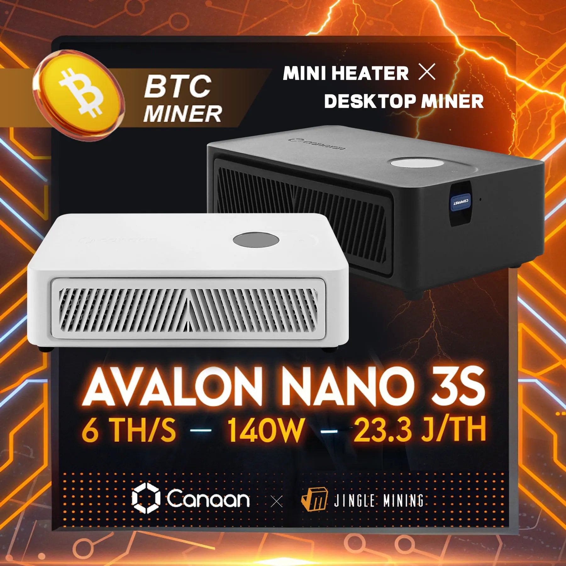Close-up of the Avalon Nano 3S air inlet, magnetic dustproof filter, and USB port for Wi-Fi module connectivity BTC Miner with Avalon Nano 3S branding on a dynamic background