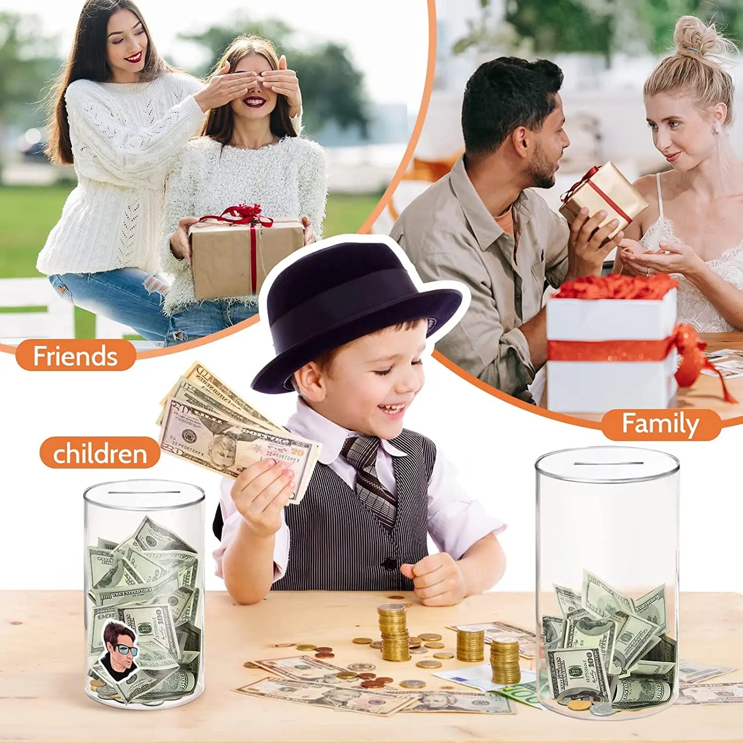 Collage of people giving gifts, a child counting money, and money jars with money inside.