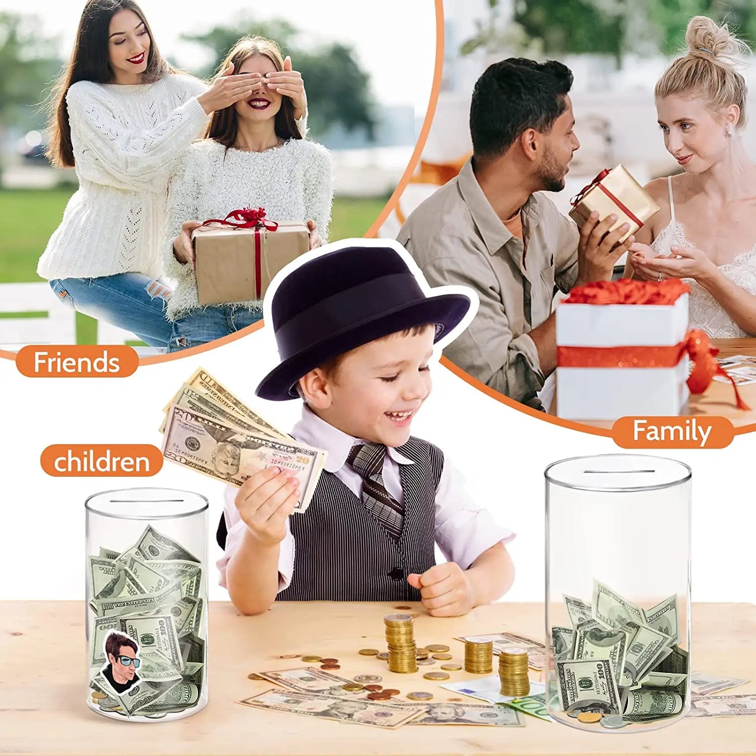 Collage of people giving gifts, a child counting money, and money jars with money inside.