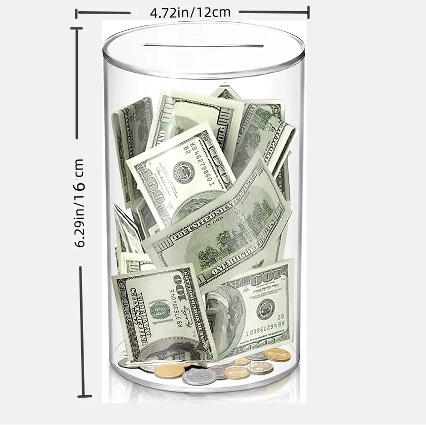 Acrylic jar filled with money and measurements on a white background