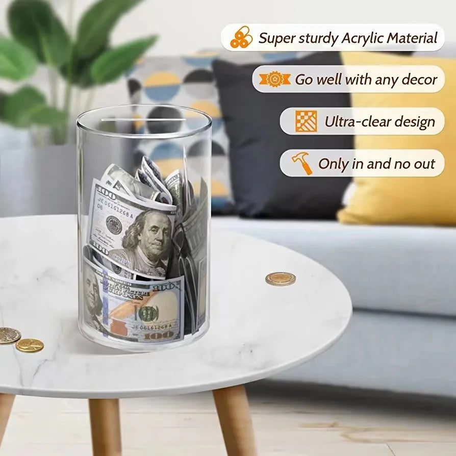 Clear acrylic container with dollar bills and coins on a marble table, with promotional text about material and design.