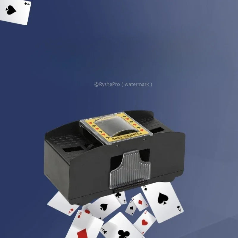 Card shuffler with playing cards on a blue background