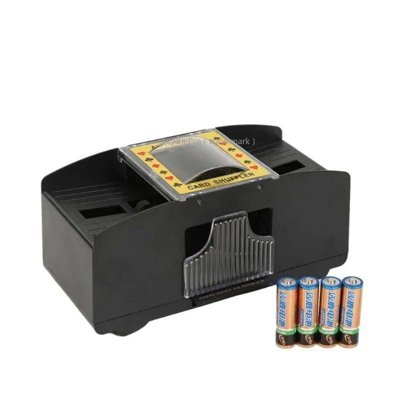 Black card shuffler with batteries on a white background