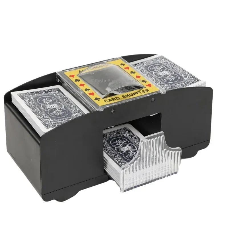 Card shuffler with playing cards on a white background