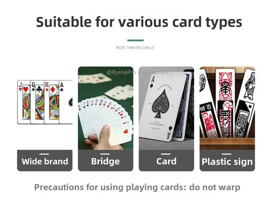 Playing cards displayed in various styles with text indicating suitability for different card games the automatic shuffler can be used for.