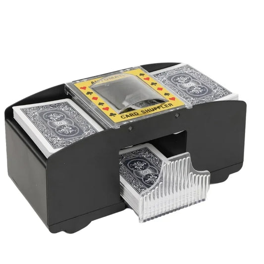 Card shuffler with playing cards on a white background