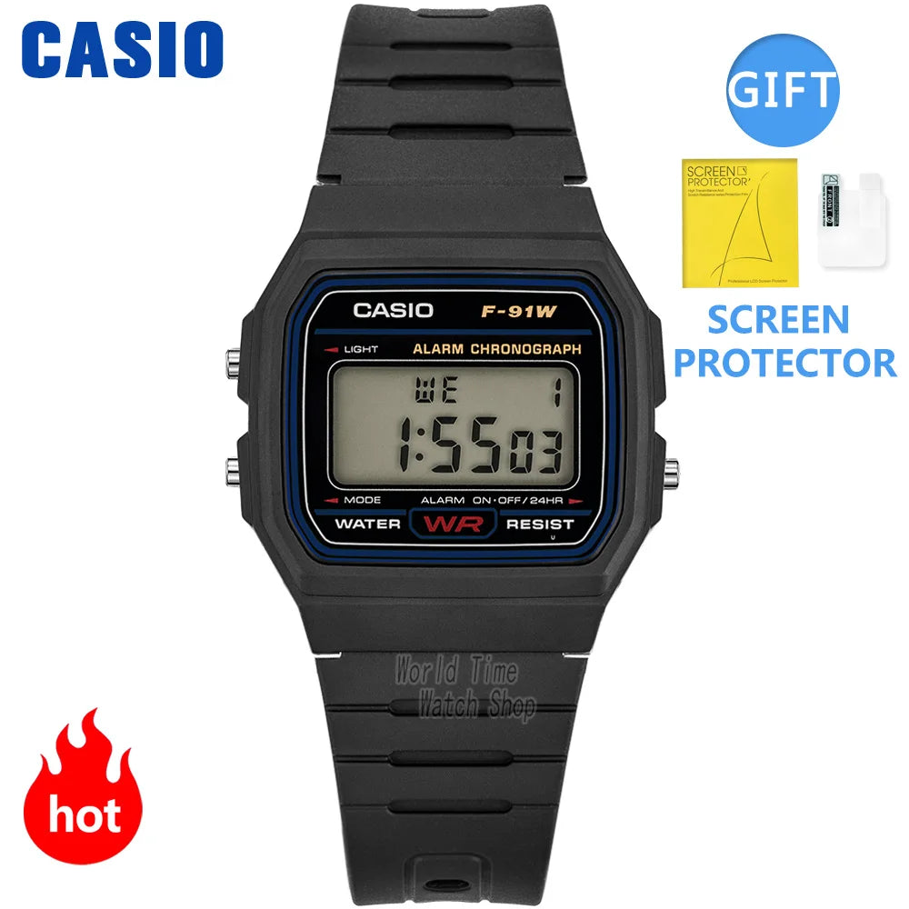 Black Casio digital watch with screen protector gift on a white background