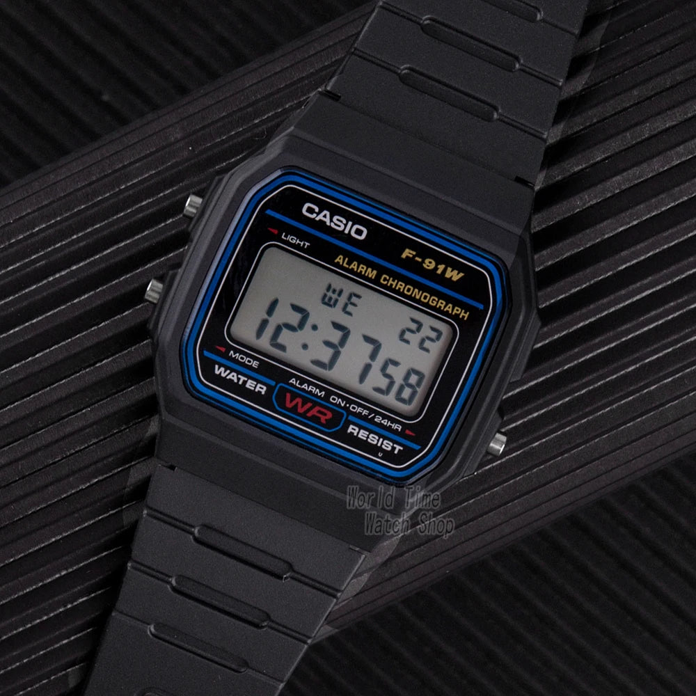 Black Casio digital watch on a textured black background