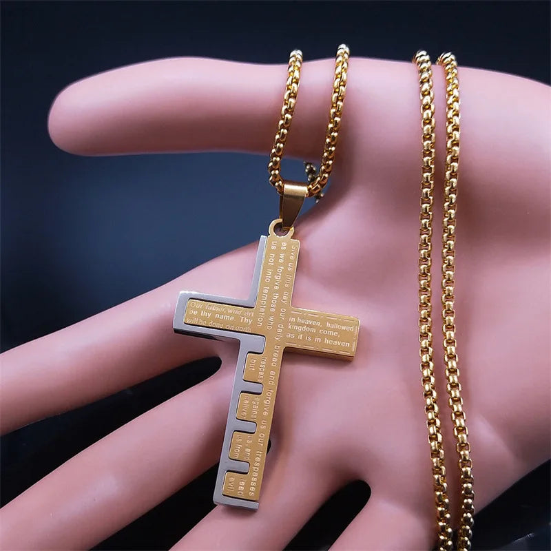 Stainless Steel Montage Bible Cross Pendant Chain Necklace 